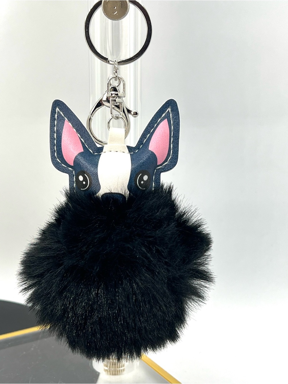 Boston Terrier Faux Fur Pom Pom Keychain Bag Charm Black Puppy Dog Cute